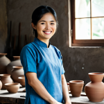 **

"A young Vietnamese woman, fully clothed in a traditional Áo dài, standing in a pottery workshop. The workshop is filled with clay pots and ceramic tools. Natural light streams in from a window. She is smiling gently. Safe for work, appropriate content, professional, modest, family-friendly, perfect anatomy, correct proportions, natural pose, well-formed hands, proper finger count, natural body proportions, high quality."

**
