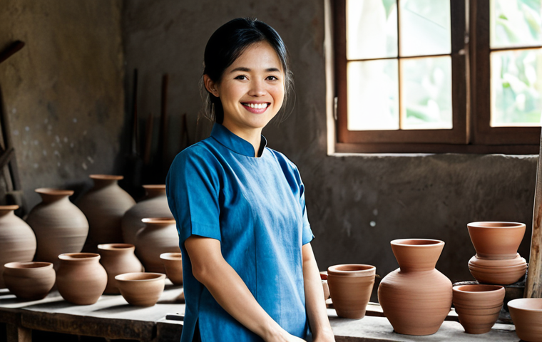 **

"A young Vietnamese woman, fully clothed in a traditional Áo dài, standing in a pottery workshop. The workshop is filled with clay pots and ceramic tools. Natural light streams in from a window. She is smiling gently. Safe for work, appropriate content, professional, modest, family-friendly, perfect anatomy, correct proportions, natural pose, well-formed hands, proper finger count, natural body proportions, high quality."

**